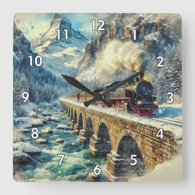 AI Generated Steam Engine Train Square Wall Clock (Front)