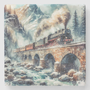 AI Generated Steam Engine Train Stone Coaster