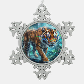 AI Generated Tiger Art  Snowflake Pewter Christmas Ornament