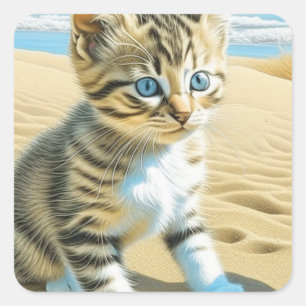 AI Grey Tabby Kitten Playing on a Beach Square Sticker