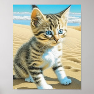 AI Grey Tabby Kitten Playing on a Sandy Beach Poster