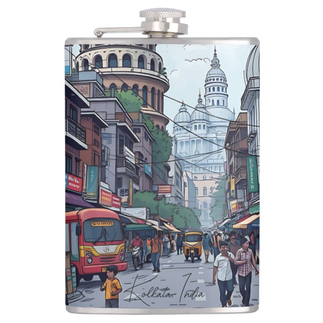 Ai Illustration of Kolkata, India Hip Flask (Front)