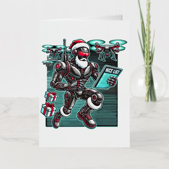 AI Powered Santa Robot with Drones and Christmas Foil Greeting Card (Front)