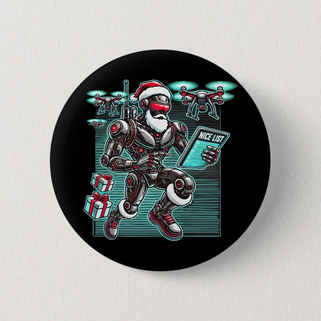 AI Powered Santa Robot with Drones and Christmas L 6 Cm Round Badge (Front)
