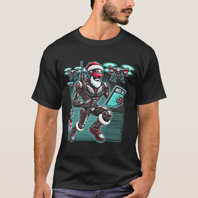 AI Powered Santa Robot with Drones and Christmas L T-Shirt (Front)