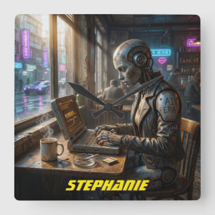 AI Robot Cyborg Android Woman Laptop Computer Square Wall Clock