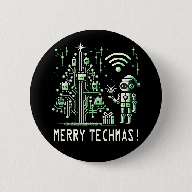AI Robot with Tech Christmas Tree – Merry Techmas 6 Cm Round Badge (Front)