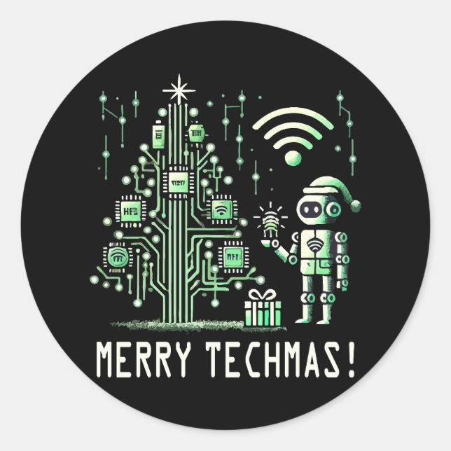 AI Robot with Tech Christmas Tree – Merry Techmas Classic Round Sticker (Front)