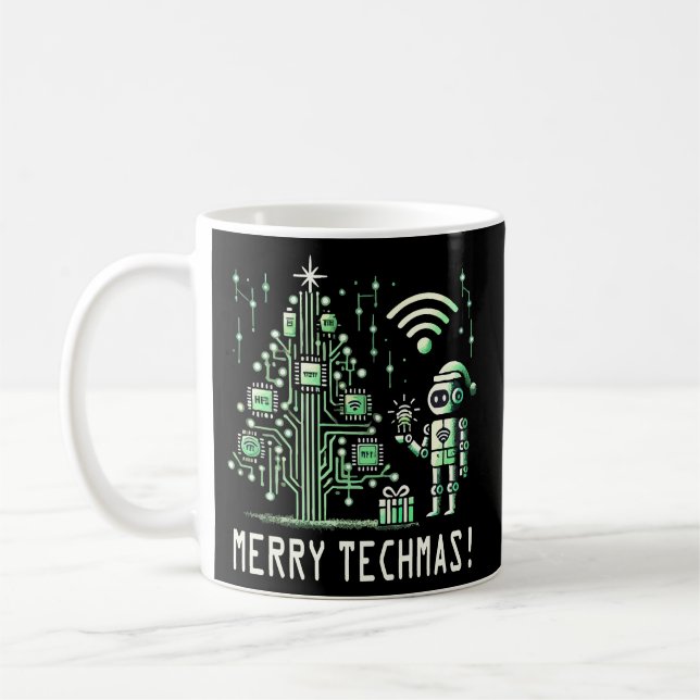 AI Robot with Tech Christmas Tree – Merry Techmas Coffee Mug (Left)