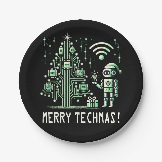AI Robot with Tech Christmas Tree – Merry Techmas Paper Plate (Front)