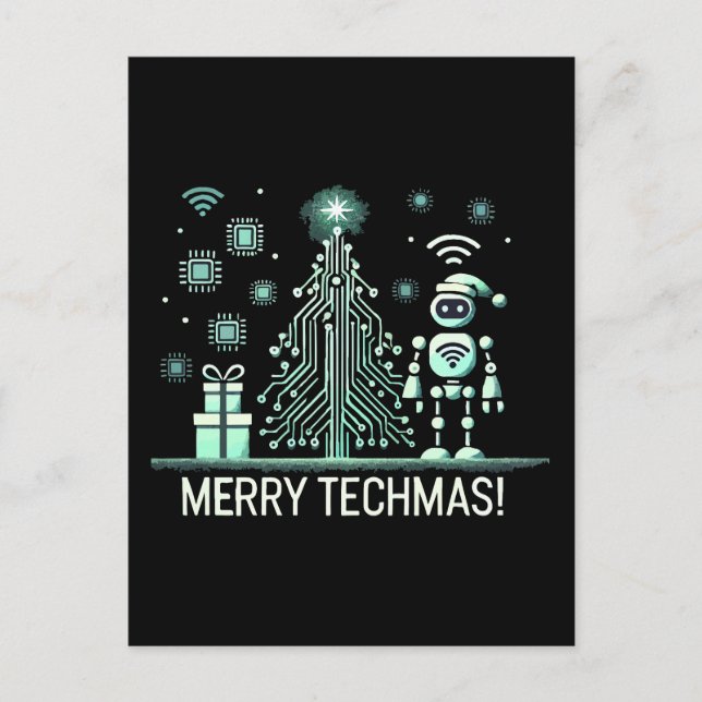 AI Robot with Tech Christmas Tree – Merry Techmas Postcard (Front)