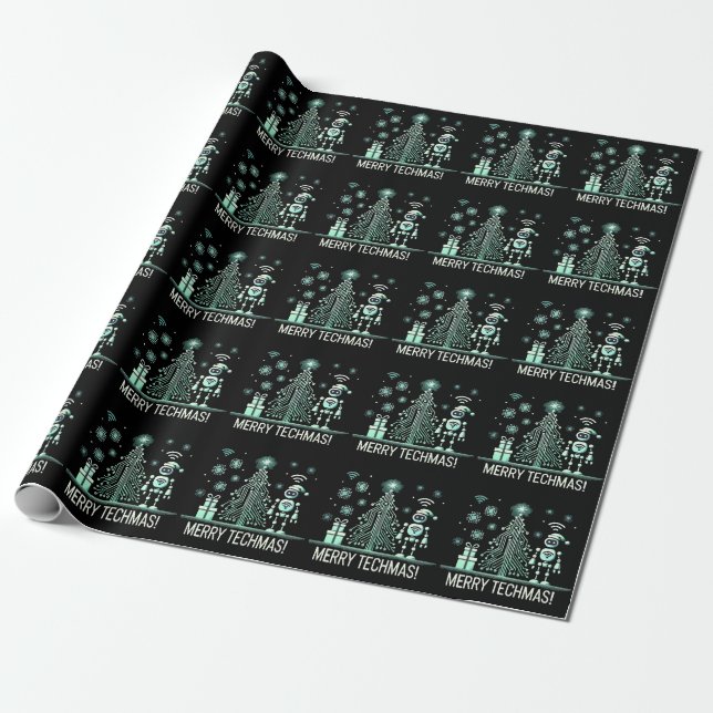 AI Robot with Tech Christmas Tree – Merry Techmas Wrapping Paper (Unrolled)