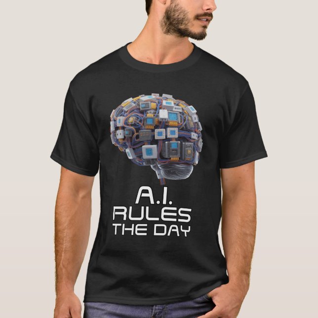 AI Rules the Day: Electronic Brain Image T-Shirt (Front)