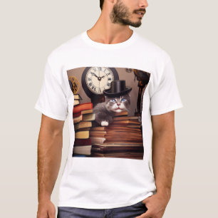 AI steampunk cat in a hat with books T-Shirt