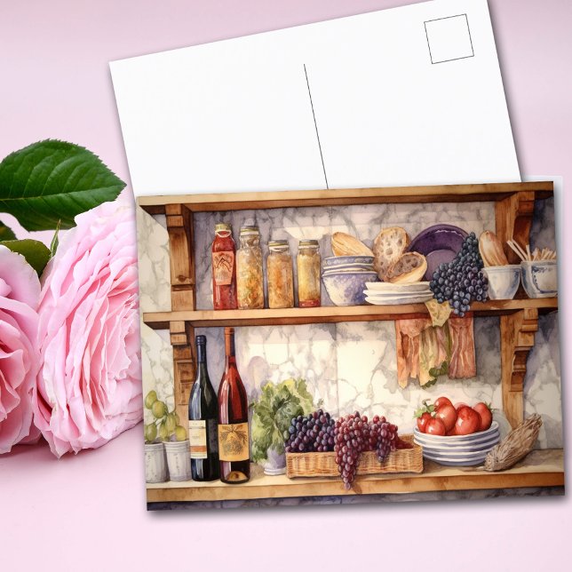 AI Vintage Country Kitchen Shelves Wine  Grapes Postcard (Creator Uploaded)