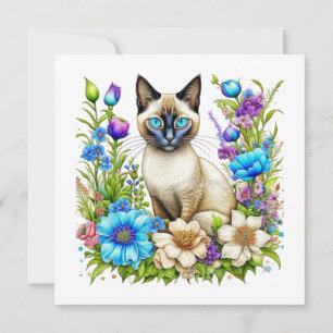 Ai Watercolor Siamese Cat in Flowers Card