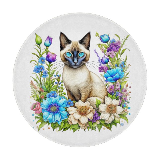 Ai Watercolor Siamese Cat in Flowers Cutting Board (Front)