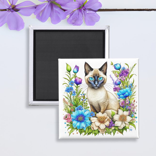 Ai Watercolor Siamese Cat in Flowers  Magnet (Creator Uploaded)