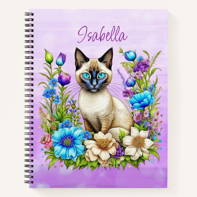 Ai Watercolor Siamese Cat in Flowers Personalised Notebook (Front)