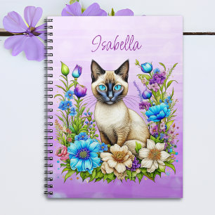 Ai Watercolor Siamese Cat in Flowers Personalised Notebook