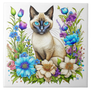 Ai Watercolor Siamese Cat in Flowers Tile