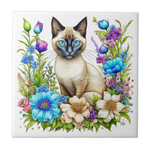 Ai Watercolor Siamese Cat in Flowers Tile