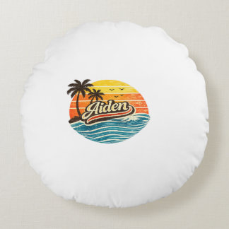 Aiden Retro Sunset Name Design Round Cushion