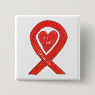 AIDS and HIV Awareness Heart Ribbon Customised Pin