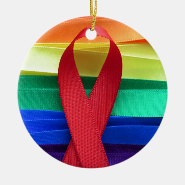 AIDS awareness red ribbon on gay flag Ceramic Tree Decoration (Front)
