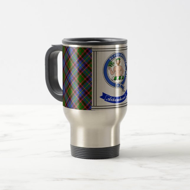 Aikenhead Clan Badge & Tartan Personalised Travel Mug (Front Left)
