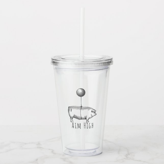Aim High Cute Pig and Balloon Inspirational Acrylic Tumbler (Front)