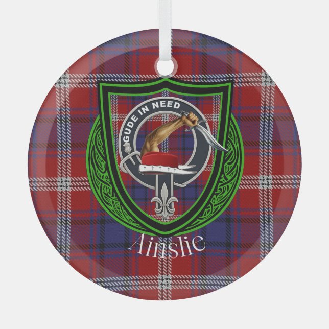 Ainslie Scottish Clan Tartan & Crest Glass Tree Decoration (Front)
