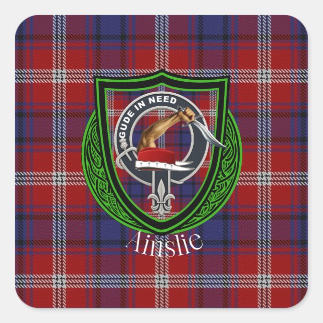 Ainslie Scottish Clan Tartan & Crest Square Sticker (Front)