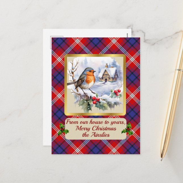 Ainslie Tartan w/Robin Personalised   Holiday Postcard (Front/Back In Situ)