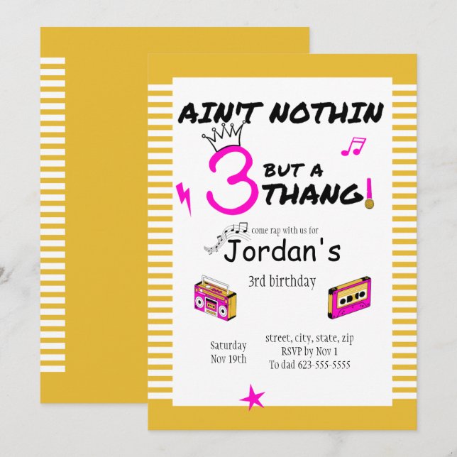 Ain't Nothin But A 3 Thang Invitation Pink (Front/Back)