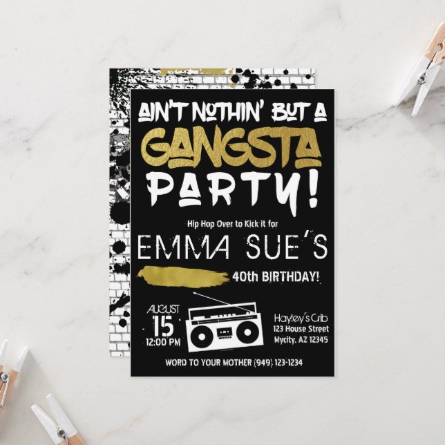 Aint Nothin' but a Gangsta Party Hip Hop Birthday  Invitation (Front/Back In Situ)