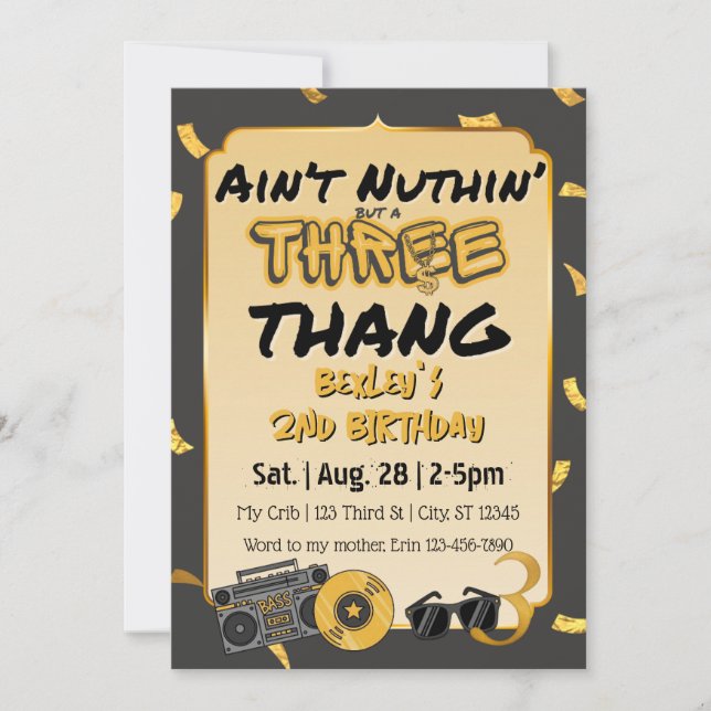 Aint' Nuthin' but a 3 Thang 3rd Birthday Invitation (Front)