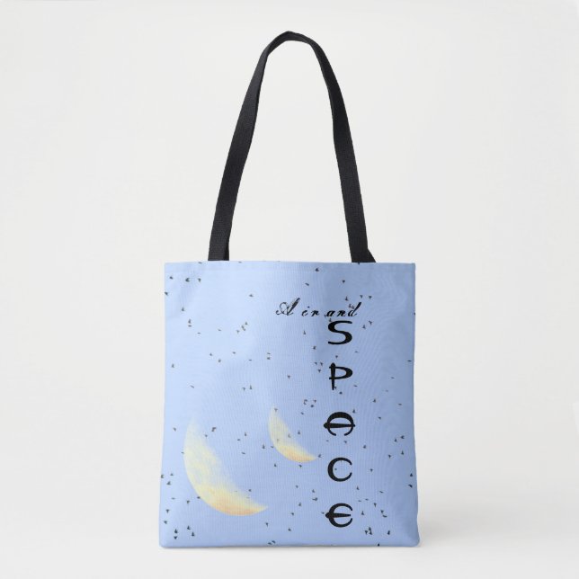 Air and Space with Moons and Birds on blue Tote Bag (Front)