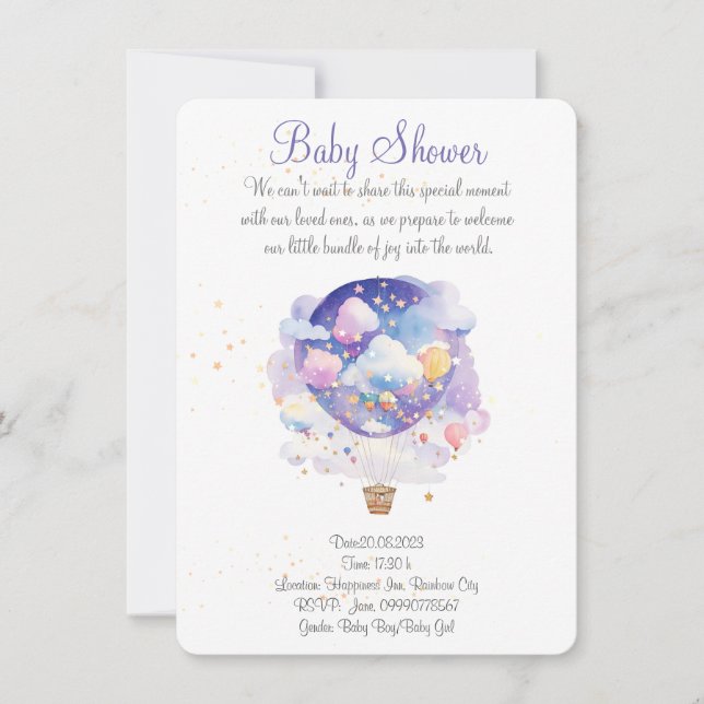 Air balloon baby shower invitation. New Baby party Save The Date (Front)