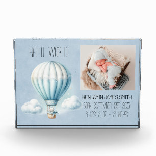 Air Balloon Bear Blue Baby Boy Birth Announcement Photo Block