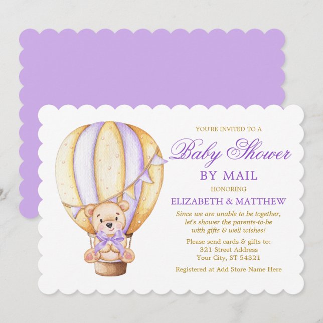 Air Balloon Bear Purple Gold Baby Shower by Mail Invitation (Front/Back)