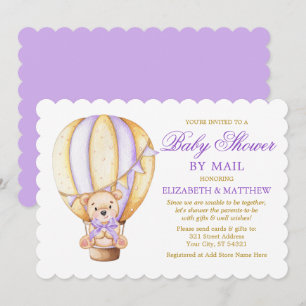 Air Balloon Bear Purple Gold Baby Shower by Mail Invitation