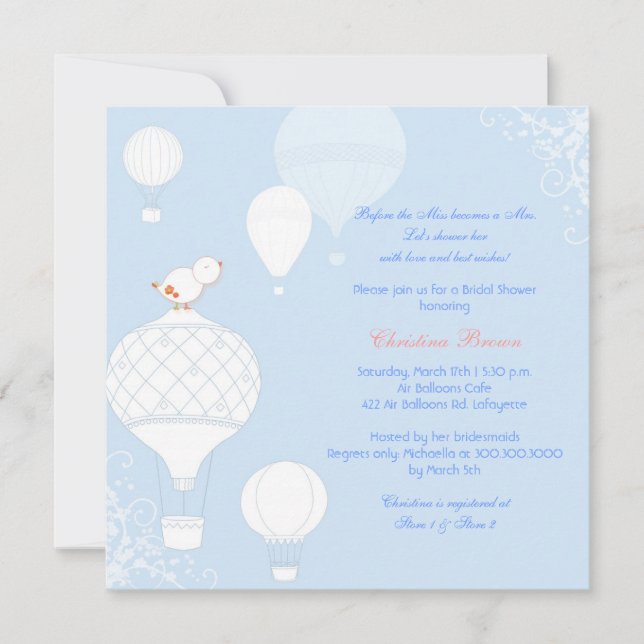 Air Balloon Bird Sky Blue Bridal Shower Invitation (Front)