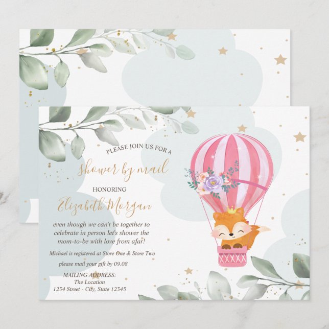 Air Balloon,Fox,Clouds Baby Shower By Mail Invitation (Front/Back)