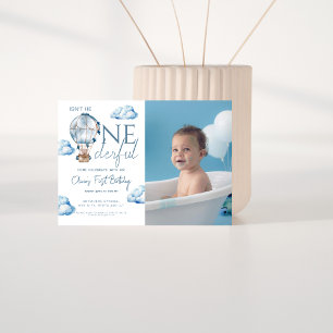 Air Balloon Isn't he Onederful photo Birthday Invitation