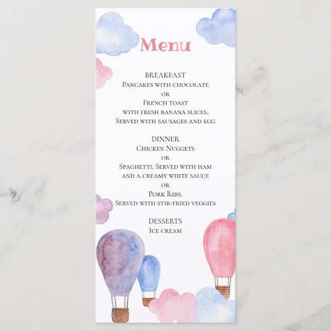 Air balloon kids menu Children birthday party menu (Front)