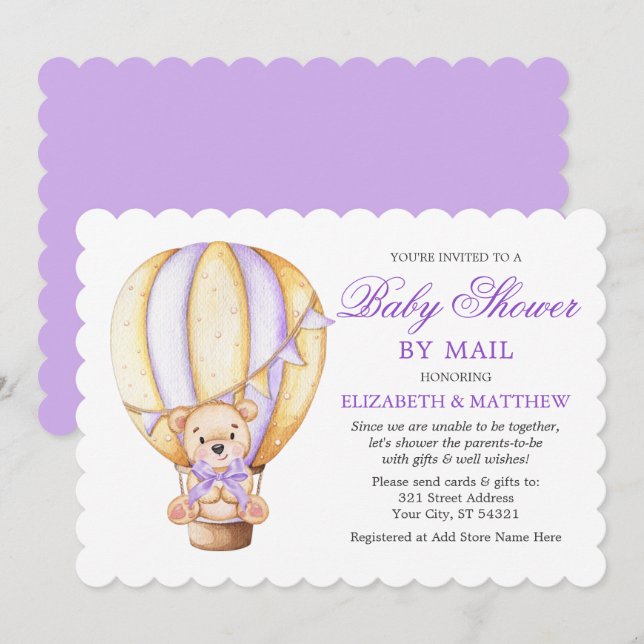 Air Balloon Teddy Bear Purple Baby Shower by Mail Invitation (Front/Back)