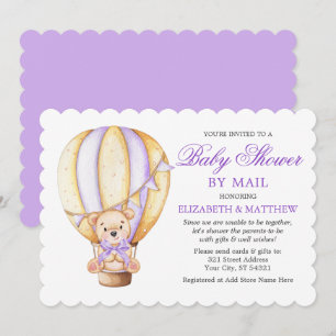 Air Balloon Teddy Bear Purple Baby Shower by Mail Invitation