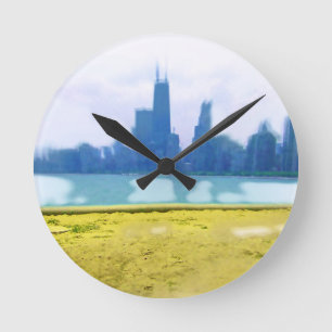 Air Brushed Chicago Skyline Round Clock