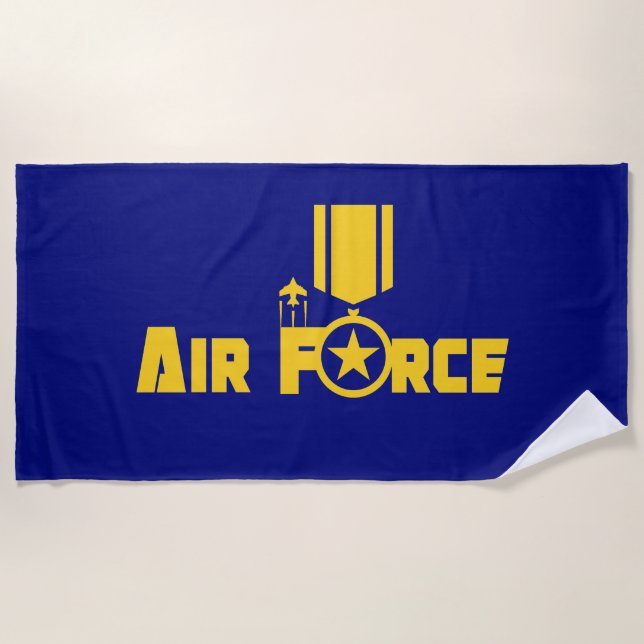 Air Force Military Star Medal Aircraft Blue Gold Beach Towel (Front)